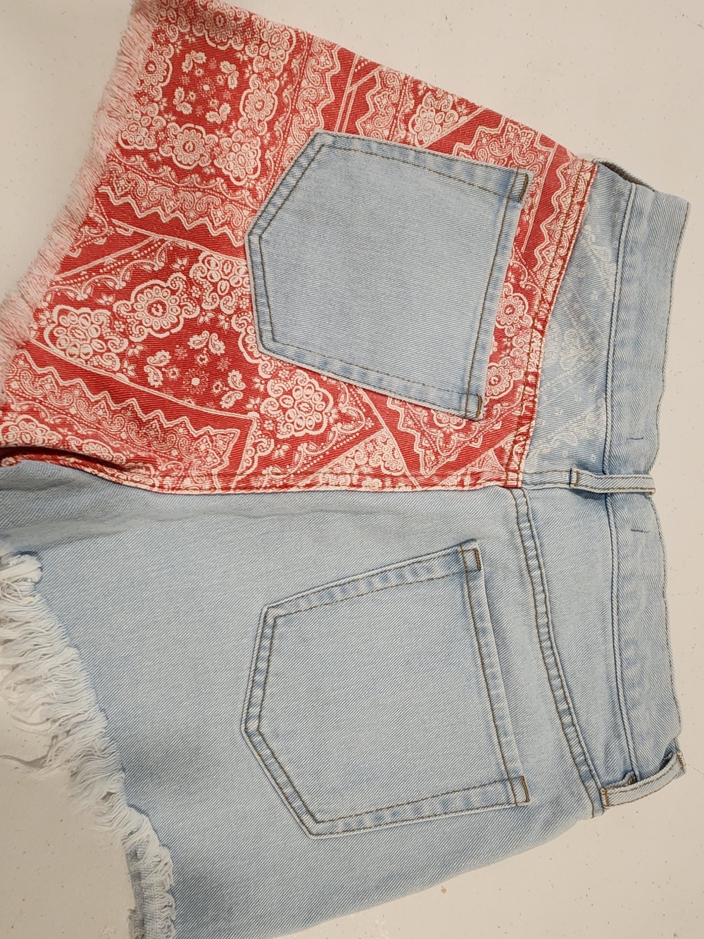 PacSun Light Wash Denim Shorts with Red Bandana Panel